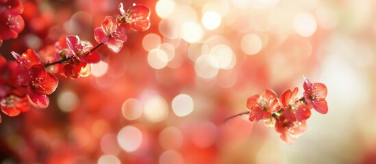 Poster - Red blossom flowers with bokeh background and soft focus highlights suitable for spring-themed designs Copy Space
