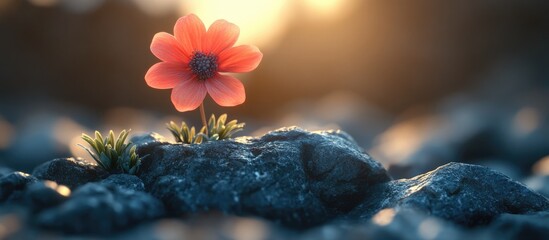 Canvas Print - Single vibrant orange flower growing on rocky surface with green shoots at sunset with shallow depth of field and warm light Copy Space