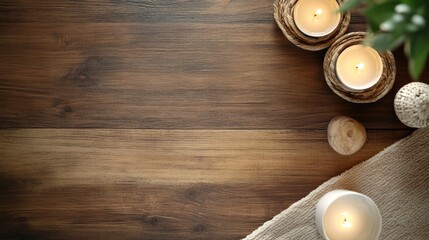 Poster - Relaxing candle arrangement on wooden surface with natural elements and copy space for text placement.