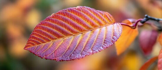 Poster - Close-up of a colorful autumn leaf with detailed veins and vibrant hues of orange and purple against a soft blurred background Copy Space