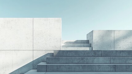 Poster - Modern architectural stairs leading to a minimalist concrete structure against a clear blue sky with ample copy space