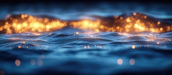 Aufkleber - close-up view of ocean waves with glowing reflections of light and bokeh effect in blue and orange c