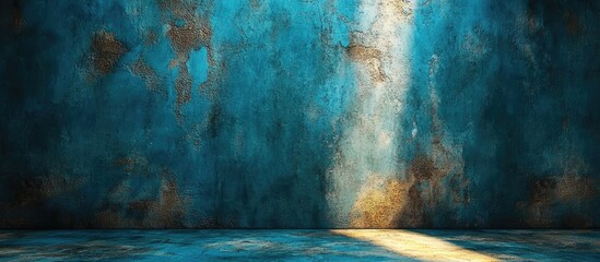 Poster - Textured blue wall with lighting effects and grunge details in an empty room setting suitable for various background uses Copy Space