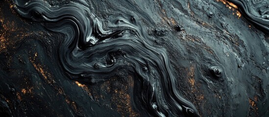 Poster - Abstract fluid painting with swirling black and gold textures suitable for backgrounds and artistic concepts. Copy Space