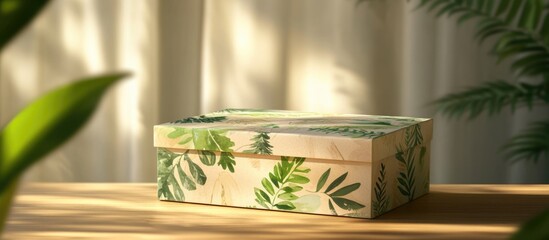 Poster - Decorative storage box with botanical leaf design on wooden table in natural light with soft curtains and greenery in background Copy Space