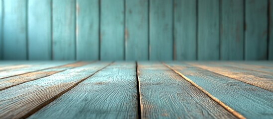 Poster - Wooden floor and wall interior with blue painted wooden planks in natural light creating a textured background with copy space