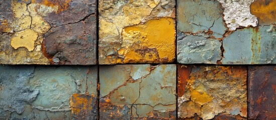 Poster - Textured background of weathered and cracked painted metal tiles in various colors with rust and peeling paint, showing age and wear. Copy Space