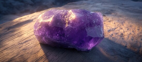 Poster - purple amethyst crystal gemstone displayed on natural wooden surface with soft lighting and texture 