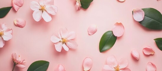 Poster - Pink flower petals and green leaves scattered on a soft pink background with Copy Space for text placement