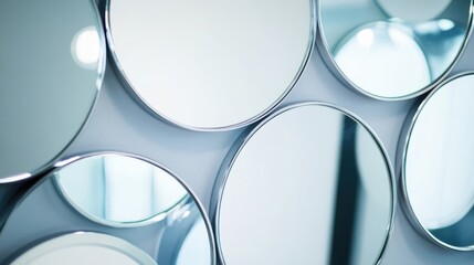 Poster - Modern decorative wall with circular mirrors reflecting light and shadows providing an abstract design, Copy Space