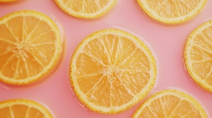 Poster - Sliced lemons arranged on a pink surface creating a vibrant and fresh background with copy space for text