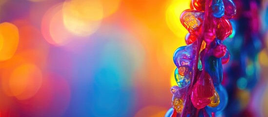 Poster - Colorful abstract background of translucent beads against a vibrant bokeh backdrop with blurred lights and rich colors Copy Space