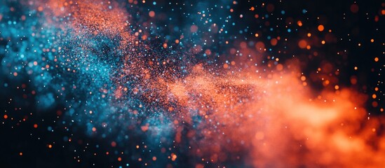 Poster - Colorful abstract cosmic dust particles with blue and orange tones against a black background with ample space for text. Copy Space