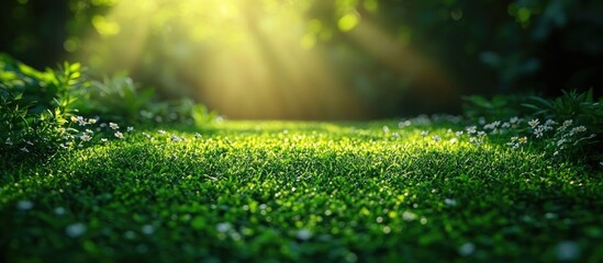 Poster - Sunlit grassy pathway in a lush green forest with flowers under soft beams of light, suitable for nature backgrounds Copy Space