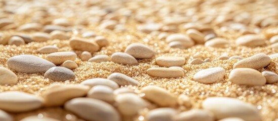 Poster - Close-up of smooth pebbles on sandy beach surface with warm tones and textures suitable for nature backgrounds or designs