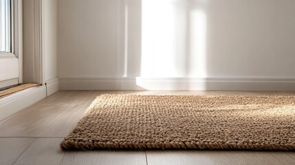 Poster - Natural woven jute rug on wooden floor with bright sunlight streaming through window providing warm ambiance Copy Space
