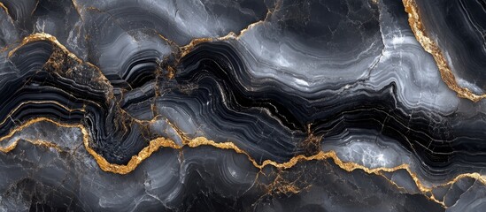 Poster - Black and gray marble stone texture with golden veins suitable for backgrounds and designs Copy Space