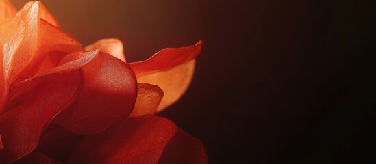Poster - Close-up of delicate red flower petals on dark background with soft light and subtle gradients creating an elegant texture and depth Copy Space