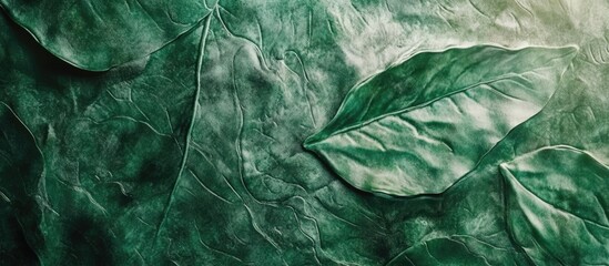 Poster - Green textured leaves on a dark background with intricate details and shadows, ideal for natural themes and designs, Copy Space