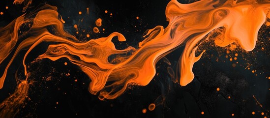 Poster - Abstract orange liquid ink or smoke on black background with flowing patterns and splashes, suitable for creative design, Copy Space
