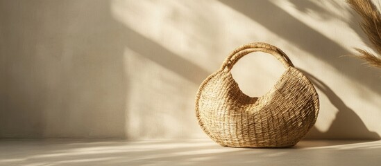 Poster - Woven straw bag on a minimalist background with shadows creating a soft light effect and copy space for text placement