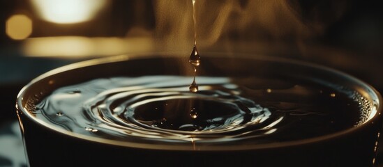 Poster - Close-up of water droplet creating ripples in a dark bowl with steam rising in a softly lit environment Copy Space