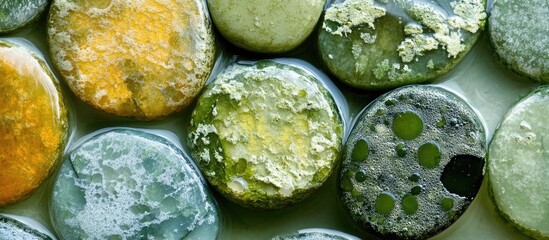 Poster - Textured round stones with various colors including green, yellow, and black, showcasing natural patterns and details, Copy Space