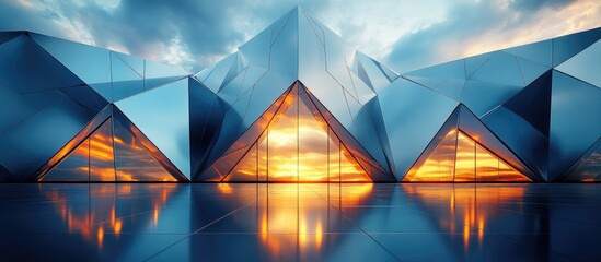 Poster - Modern architectural design featuring geometrical glass structures reflecting sunset with dramatic clouds in the background Copy Space