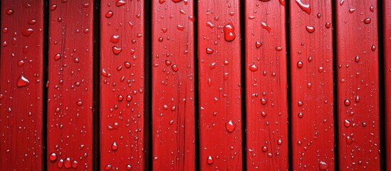 Poster - Red wooden planks with water droplets close up textured background with copy space