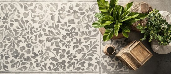 Wall Mural - Decorative floral pattern rug with potted plants and wooden boxes on a textured surface with copy space for text