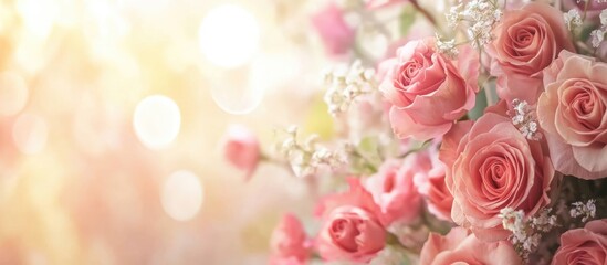 Poster - Pink roses bouquet with delicate white flowers blurred background soft light Copy Space