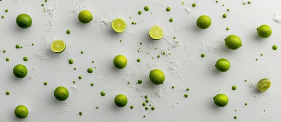 Wall Mural - Arrangement of whole and sliced limes with green splashes on a light surface for food photography Copy Space