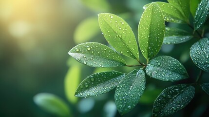 Poster - Close-up of green leaves with water droplets on a blurred background of greenery and soft sunlight Copy Space