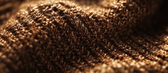 Poster - Close-up texture of brown knitted fabric showing detailed fibers and patterns with soft lighting and depth, suitable for textile design and background use.