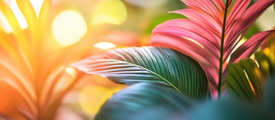 Poster - Colorful tropical leaves with sunlight backdrop creating a vibrant natural scene ideal for textured backgrounds and organic designs Copy Space