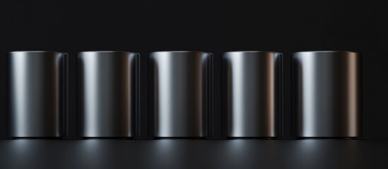 Poster - Five metal cans arranged in a row against a black background with soft lighting highlighting their surfaces and contours. Copy Space