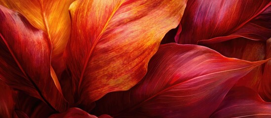 Poster - Vibrant red and orange tropical leaves close-up with natural texture and colors suitable for backgrounds and design projects