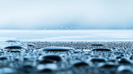 Poster - Water surface with droplets and ripples reflecting light in a blue toned background with Copy Space
