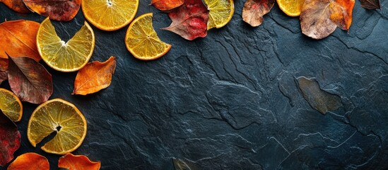 Poster - Dried orange slices and autumn leaves on dark stone background with copy space for text or design elements