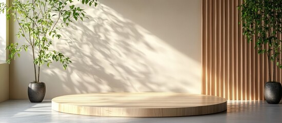 Poster - Minimalist interior design with wooden podium and plants in spacious modern room with natural light and neutral color palette Copy Space