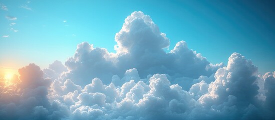 Poster - Fluffy white clouds against a bright blue sky with soft sunlight illuminating the scene Copy Space
