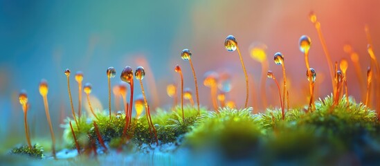Poster - Moss with dew drops on filaments in vibrant colors with blurred background and soft light natural scene Copy Space