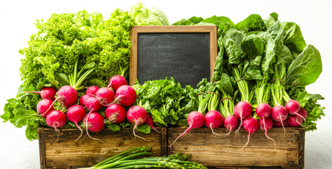 Poster - Colorful vegetables including radishes, lettuce, and spinach fill wooden crates, with a chalkboard ready for messages at a market