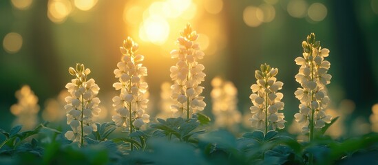 Poster - White flowers illuminated by sunlight in a forest setting with blurred background and greenery, Copy Space