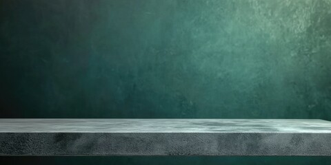Poster - Empty concrete shelf against a textured green backdrop with depth, ideal for displaying products or promotional materials. Copy Space