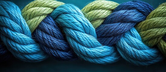 Poster - Multicolored rope strands in blue and green tones woven together with textured detail and soft background, Copy Space