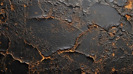 Poster - Textured surface with cracked black paint and rusty orange undertones ideal for background use and design applications Copy Space