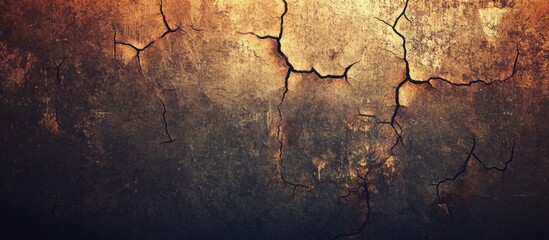 Poster - Cracked textured wall surface with warm tones and deep shadows suitable for background use with Copy Space