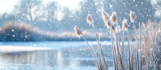 Poster - Frosty reeds by a tranquil lake during snowfall with soft focus background and bright winter light Copy Space