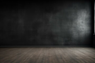 Poster - Empty room with dark concrete wall and wooden floor illuminated from window light, creating a dramatic and moody atmosphere